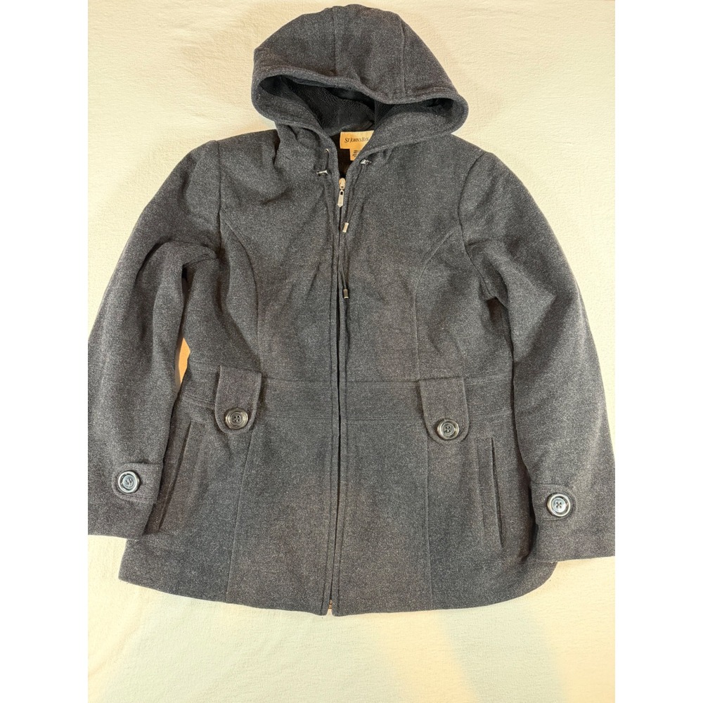 St Johns Bay Gray Wool Cashmere Blend Hooded Jacket Coat Womens Medium Full Zip